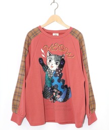 153684：ネコ怪獣とチェック柄 切替裏毛プルオーバー