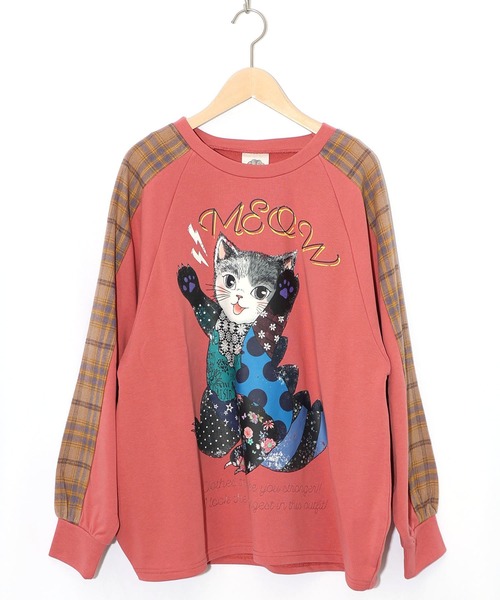 153684：ネコ怪獣とチェック柄 切替裏毛プルオーバー