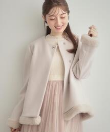 couture brooch | 【大人レディ・フェイクファー取り外し可能】ケープ風ショートコート(ノーカラーコート)