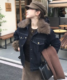 Aelina（エリナ）の「ファー付きショートデニムジャケット（デニムジャケット）」