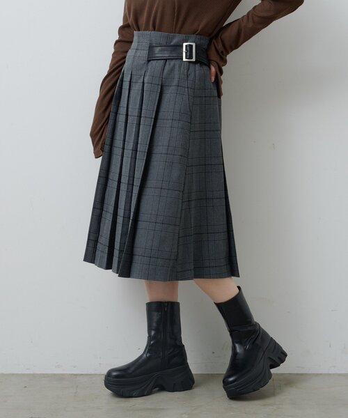Kastane（カスタネ）の「*【チェック&無地/一部店舗限定】ベルトプリーツミドルスカート（スカート・レディース・グレー/チャコールグレー・FREE）」の2枚目の写真