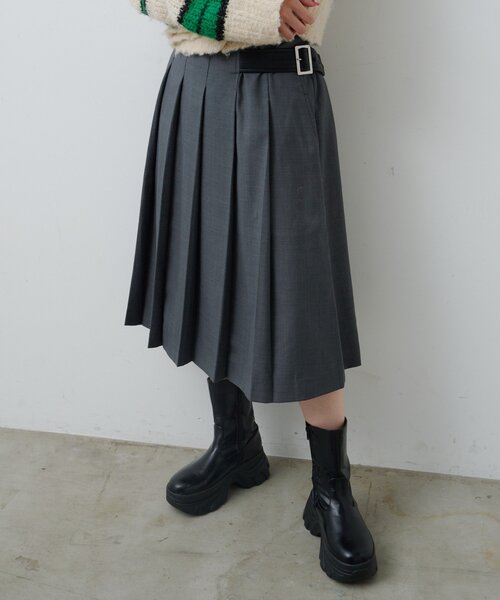 Kastane（カスタネ）の「*【チェック&無地/一部店舗限定】ベルトプリーツミドルスカート（スカート・レディース・グレー/チャコールグレー・FREE）」の5枚目の写真