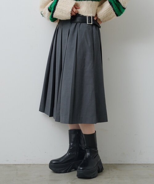 Kastane（カスタネ）の「*【チェック&無地/一部店舗限定】ベルトプリーツミドルスカート（スカート・レディース・グレー/チャコールグレー・FREE）」の8枚目の写真