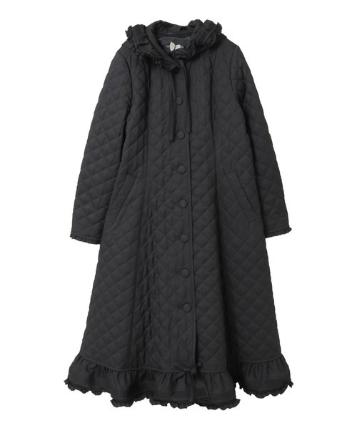 フリルフード付きキルティングロングコート（その他アウター）｜PINK