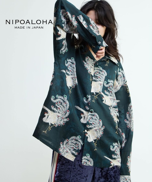 NIPOALOHA(ニポアロハ)の「【NIPOALOHA】"鳳凰-PHOENIX" LONG SLEEVE WOOL SHIRT(シャツ/ブラウス・メンズ・アイボリー/ブルーグリーン・SMALL/MEDIUM)」の2枚目の写真