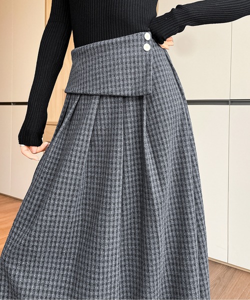 チェック柄ウエスト折り返しロングタックスカート（スカート）｜AMAJI