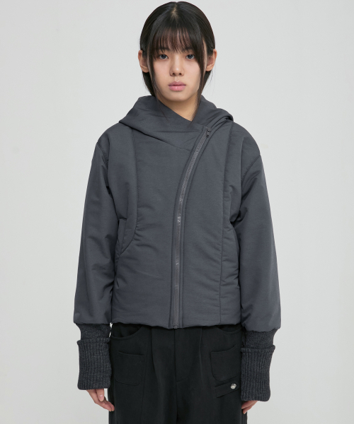 セール】Hooded Asymmetrical Puffer Jacket (FL-053_Charcoal