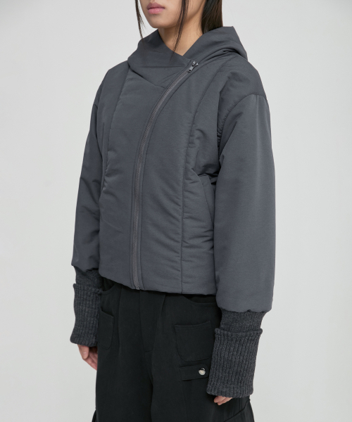 セール】Hooded Asymmetrical Puffer Jacket (FL-053_Charcoal