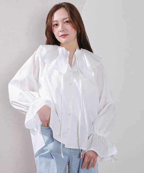 フリルで顔まわり華やぐ】T/Cブロード フリル ブラウス（シャツ