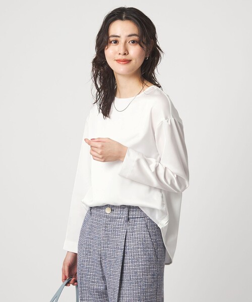 green label relaxing（グリーンレーベルリラクシング）の「サテン ドッキング ラウンドヘム プルオーバー カットソー（Tシャツ/カットソー・レディース・オフホワイト/ネイビー/オレンジ・FREE）」の8枚目の写真