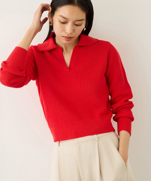 ROPE'（ロペ）の「オーガニックコットンポロニットプルオーバー/イージーケア（ニット/セーター・レディース・ネイビー/レッド系その他2/ホワイト系その他3/ピンク・FREE）」の4枚目の写真