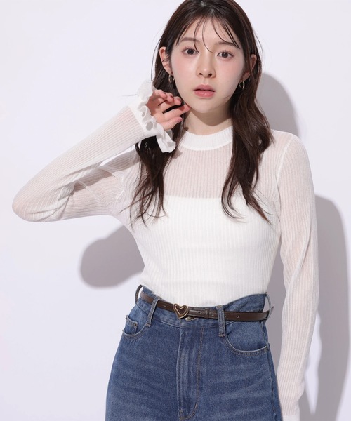 Rirandture（リランドチュール）の「フリルスリーブシアーリブニット（ニット/セーター・レディース・ホワイト/ブラック・2）」の6枚目の写真