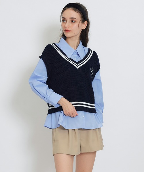 REDYAZEL（レディアゼル）の「カレッジライクラインベスト×シャツブラウス（ニット/セーター・レディース・ホワイト/グレー/イエロー/ネイビー・FREE）」の16枚目の写真
