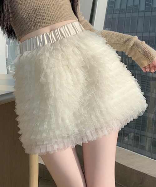 ADDITION STORE（アディションストア）の「＼フワモコでチョーかわいい♪／チュールフリル プリンセス ミニスカート/インナーパンツ付き（スカート・レディース・ブラウン/ブラック/オフホワイト/グレー・FREE）」の2枚目の写真