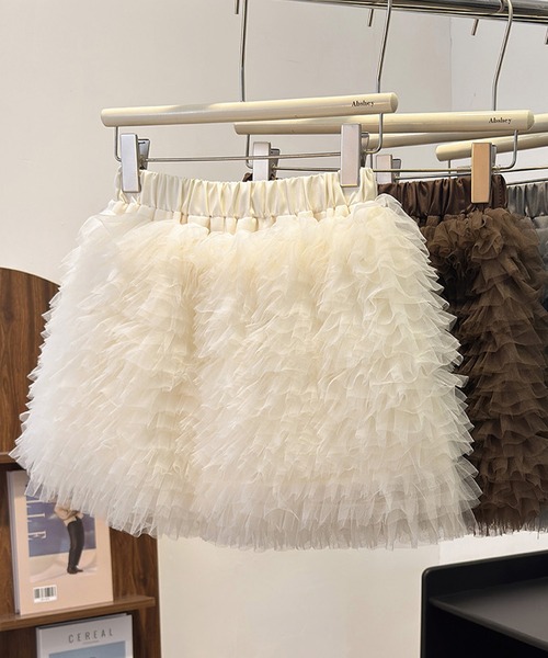 ADDITION STORE（アディションストア）の「＼フワモコでチョーかわいい♪／チュールフリル プリンセス ミニスカート/インナーパンツ付き（スカート・レディース・ブラウン/ブラック/オフホワイト/グレー・FREE）」の20枚目の写真