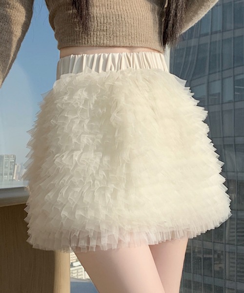 ADDITION STORE（アディションストア）の「＼フワモコでチョーかわいい♪／チュールフリル プリンセス ミニスカート/インナーパンツ付き（スカート・レディース・ブラウン/ブラック/オフホワイト/グレー・FREE）」の5枚目の写真