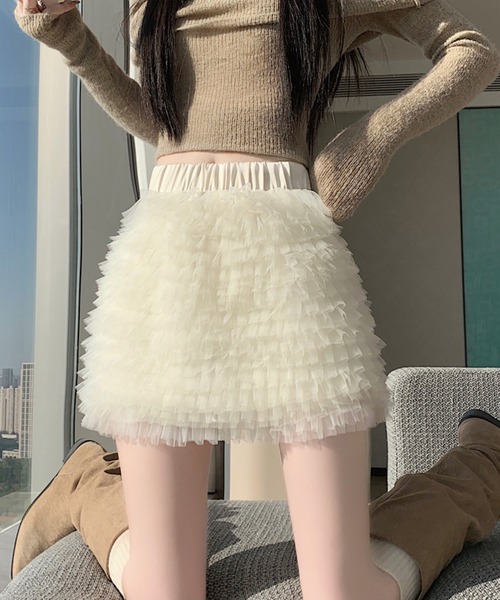 ADDITION STORE（アディションストア）の「＼フワモコでチョーかわいい♪／チュールフリル プリンセス ミニスカート/インナーパンツ付き（スカート・レディース・ブラウン/ブラック/オフホワイト/グレー・FREE）」の6枚目の写真