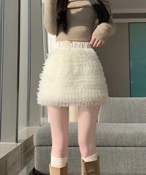 ADDITION STORE（アディションストア）の「＼フワモコでチョーかわいい♪／チュールフリル プリンセス ミニスカート/インナーパンツ付き（スカート・レディース・ブラウン/ブラック/オフホワイト/グレー・FREE）」の8枚目の写真