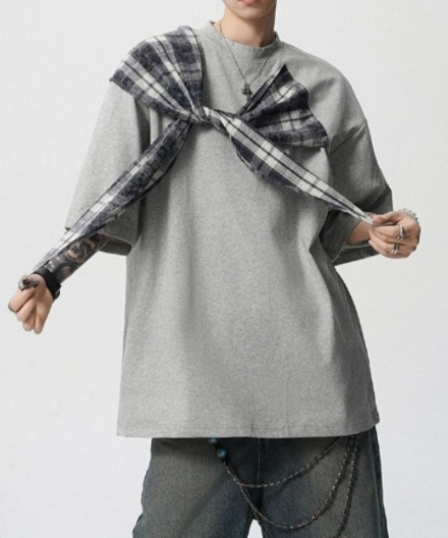 lilful（リルフル）の「【26年春夏新作】チェックドッキングデザインギミックTシャツ（Tシャツ/カットソー・メンズ・ブラック/グレー・M/L）」の10枚目の写真