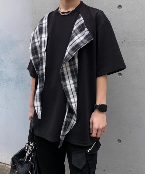 lilful（リルフル）の「【26年春夏新作】チェックドッキングデザインギミックTシャツ（Tシャツ/カットソー・メンズ・ブラック/グレー・M/L）」の5枚目の写真