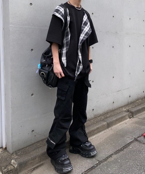 lilful（リルフル）の「【26年春夏新作】チェックドッキングデザインギミックTシャツ（Tシャツ/カットソー・メンズ・ブラック/グレー・M/L）」の9枚目の写真