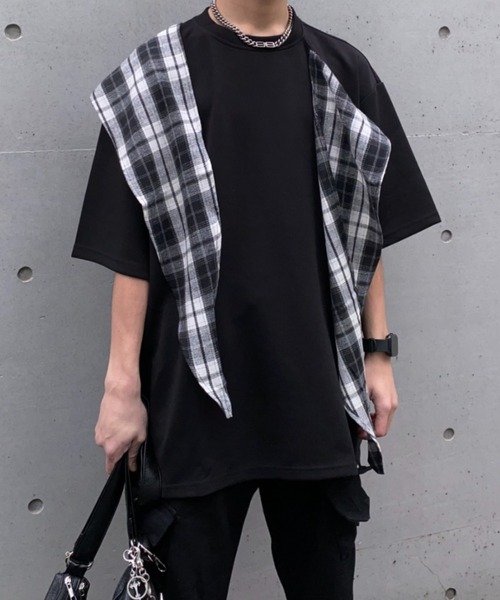 lilful（リルフル）の「【26年春夏新作】チェックドッキングデザインギミックTシャツ（Tシャツ/カットソー・メンズ・ブラック/グレー・M/L）」の4枚目の写真