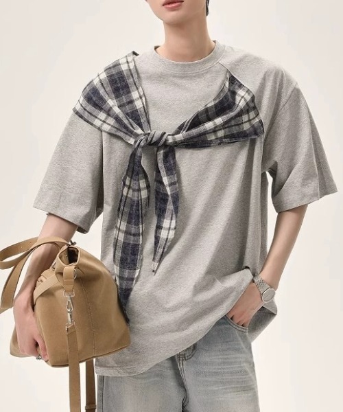 lilful（リルフル）の「【26年春夏新作】チェックドッキングデザインギミックTシャツ（Tシャツ/カットソー・メンズ・ブラック/グレー・M/L）」の19枚目の写真