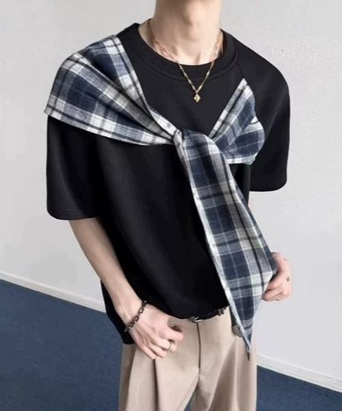 lilful（リルフル）の「【26年春夏新作】チェックドッキングデザインギミックTシャツ（Tシャツ/カットソー・メンズ・ブラック/グレー・M/L）」の21枚目の写真