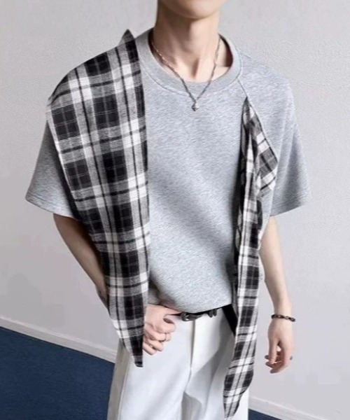lilful（リルフル）の「【26年春夏新作】チェックドッキングデザインギミックTシャツ（Tシャツ/カットソー・メンズ・ブラック/グレー・M/L）」の22枚目の写真