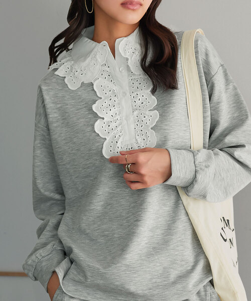 KOBE LETTUCE(コウベレタス)の「レース襟ポロトップス(スウェット・レディース・杢グレー/ネイビー/ピンク・M)」の2枚目の写真