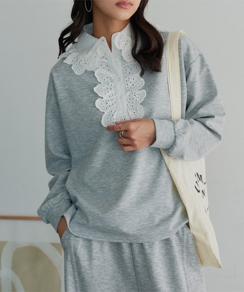 KOBE LETTUCE(コウベレタス)の「レース襟ポロトップス(スウェット・レディース・杢グレー/ネイビー/ピンク・M)」の5枚目の写真