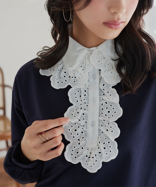 KOBE LETTUCE(コウベレタス)の「レース襟ポロトップス(スウェット・レディース・杢グレー/ネイビー/ピンク・M)」の6枚目の写真