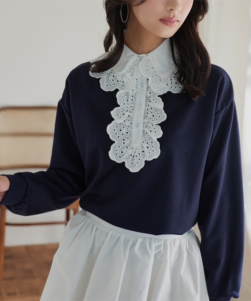 KOBE LETTUCE(コウベレタス)の「レース襟ポロトップス(スウェット・レディース・杢グレー/ネイビー/ピンク・M)」の7枚目の写真