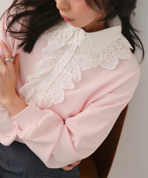 KOBE LETTUCE(コウベレタス)の「レース襟ポロトップス(スウェット・レディース・杢グレー/ネイビー/ピンク・M)」の9枚目の写真