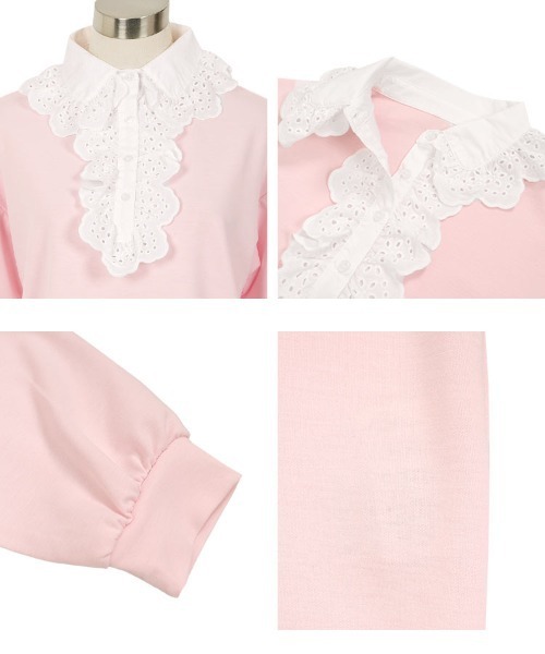 KOBE LETTUCE(コウベレタス)の「レース襟ポロトップス(スウェット・レディース・杢グレー/ネイビー/ピンク・M)」の12枚目の写真