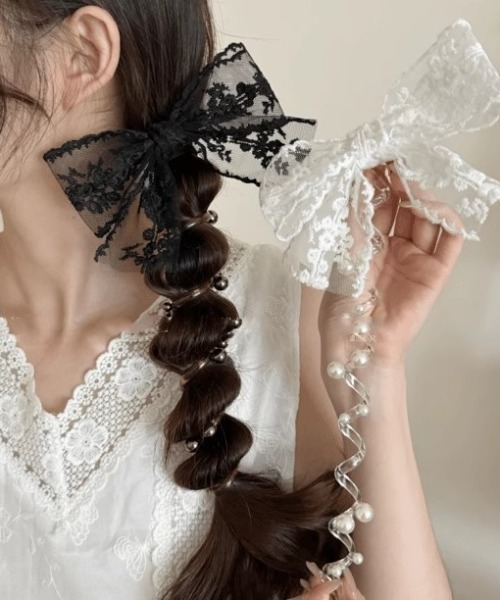 SHEPP（シープ）の「【26年春夏新作】【2点セット】レースリボンコイルアップ（ヘアピン・レディース・ホワイト/ブラック・F）」の6枚目の写真