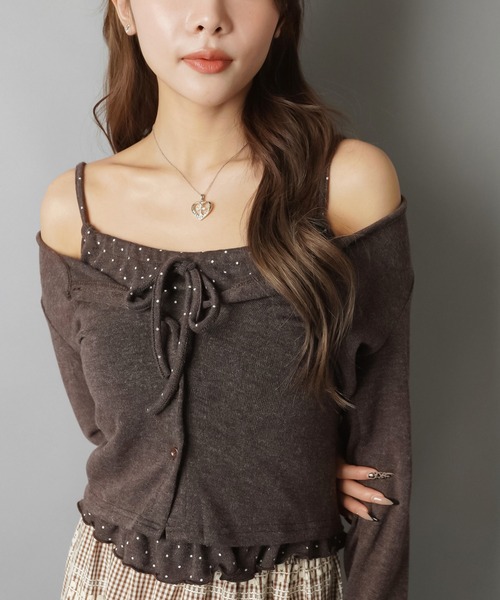 SPINNS(スピンズ)の「【セットアイテム】2WAYで着られるカーディガン+ドットキャミソールセット(カーディガン/ボレロ・レディース・ベージュ/チャコール/ブラウン・ONESIZE)」の13枚目の写真