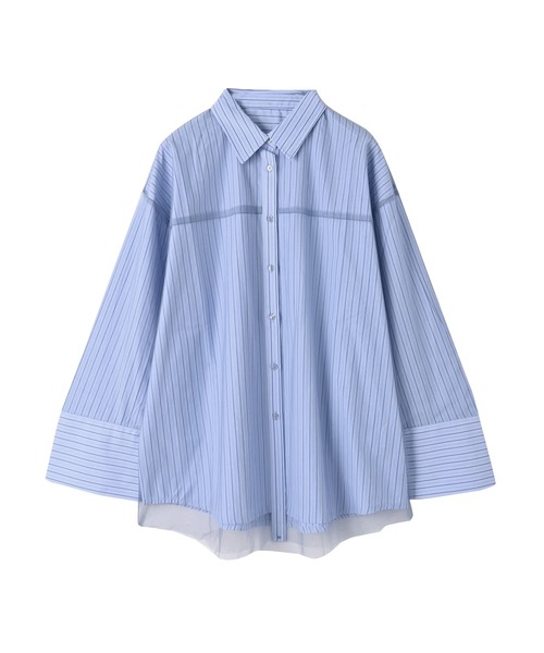 STYLE DELI（スタイルデリ）の「【BLK001】ブロード＆ストライプチュールかぶせシャツ（シャツ/ブラウス・レディース・ブルー・FREE）」の9枚目の写真