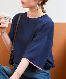 \待望の再入荷!/限定展開 <接触冷感>配色ライン 半袖ニット TEE