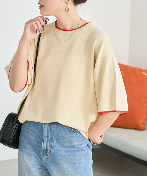 FREAK'S STORE(フリークスストア)の「限定展開 <接触冷感>配色ライン 半袖ニット TEE(Tシャツ/カットソー・レディース・ベージュ/ブラウン/ブラック/ナチュラル/ネイビー・フリ-)」の12枚目の写真