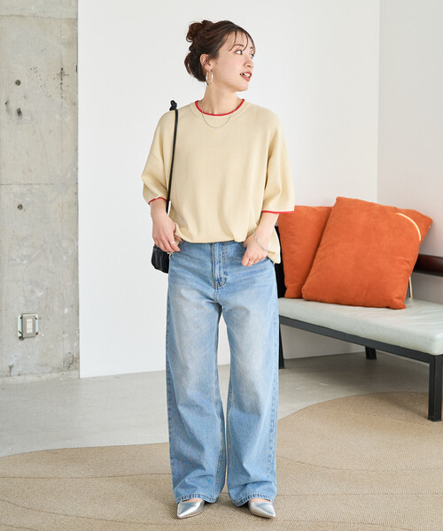 FREAK'S STORE(フリークスストア)の「限定展開 <接触冷感>配色ライン 半袖ニット TEE(Tシャツ/カットソー・レディース・ベージュ/ブラウン/ブラック/ナチュラル/ネイビー・フリ-)」の13枚目の写真