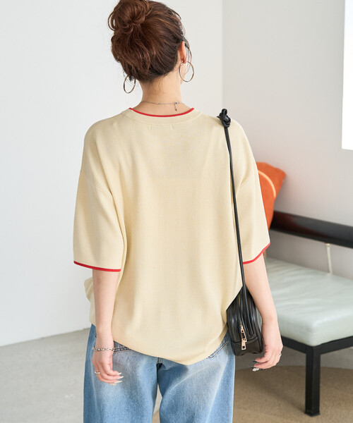 FREAK'S STORE(フリークスストア)の「限定展開 <接触冷感>配色ライン 半袖ニット TEE(Tシャツ/カットソー・レディース・ベージュ/ブラウン/ブラック/ナチュラル/ネイビー・フリ-)」の16枚目の写真