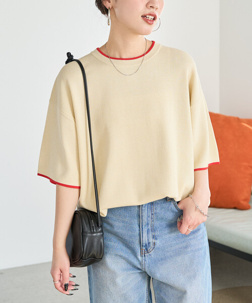 FREAK'S STORE(フリークスストア)の「限定展開 <接触冷感>配色ライン 半袖ニット TEE(Tシャツ/カットソー・レディース・ベージュ/ブラウン/ブラック/ナチュラル/ネイビー・フリ-)」の17枚目の写真