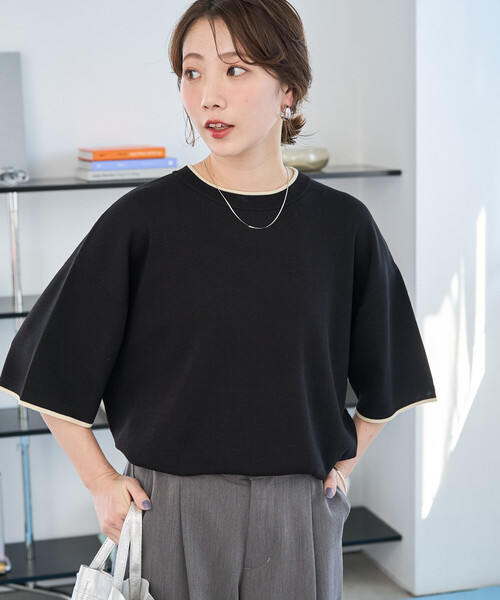 FREAK'S STORE(フリークスストア)の「限定展開 <接触冷感>配色ライン 半袖ニット TEE(Tシャツ/カットソー・レディース・ベージュ/ブラウン/ブラック/ナチュラル/ネイビー・フリ-)」の19枚目の写真