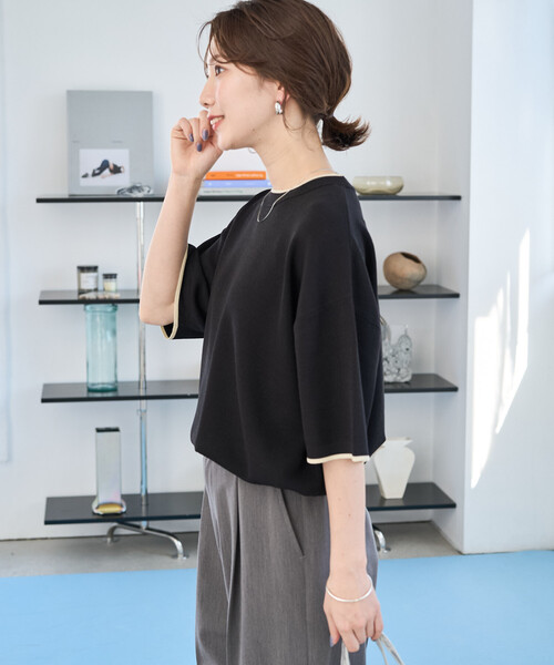 FREAK'S STORE(フリークスストア)の「限定展開 <接触冷感>配色ライン 半袖ニット TEE(Tシャツ/カットソー・レディース・ベージュ/ブラウン/ブラック/ナチュラル/ネイビー・フリ-)」の20枚目の写真
