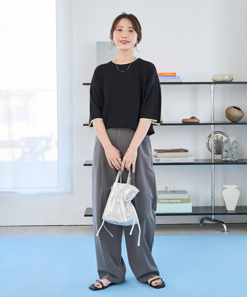 FREAK'S STORE(フリークスストア)の「限定展開 <接触冷感>配色ライン 半袖ニット TEE(Tシャツ/カットソー・レディース・ベージュ/ブラウン/ブラック/ナチュラル/ネイビー・フリ-)」の22枚目の写真