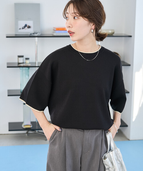FREAK'S STORE(フリークスストア)の「\待望の再入荷!/限定展開 <接触冷感>配色ライン 半袖ニット TEE(Tシャツ/カットソー・レディース・ベージュ/ブラウン/ブラック/ナチュラル/ネイビー・フリ-)」の18枚目の写真