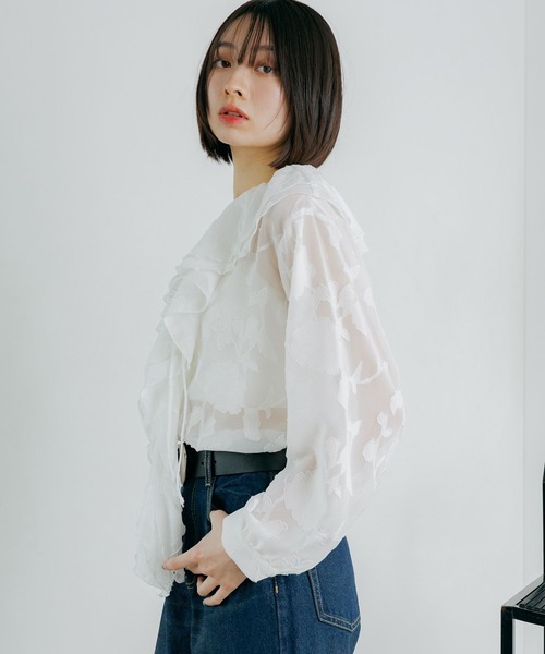 PAGEBOY（ページボーイ）の「シアーレースジャガードフリルブラウス（シャツ/ブラウス・レディース・ネイビー/ブラック/オフホワイト・FREE）」の8枚目の写真