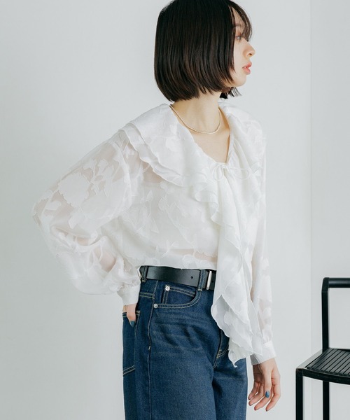 PAGEBOY（ページボーイ）の「シアーレースジャガードフリルブラウス（シャツ/ブラウス・レディース・ネイビー/ブラック/オフホワイト・FREE）」の9枚目の写真