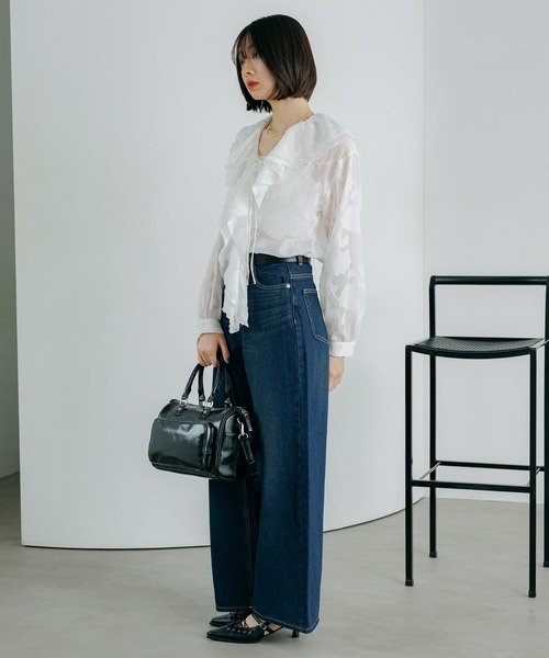 PAGEBOY（ページボーイ）の「シアーレースジャガードフリルブラウス（シャツ/ブラウス・レディース・ネイビー/ブラック/オフホワイト・FREE）」の4枚目の写真